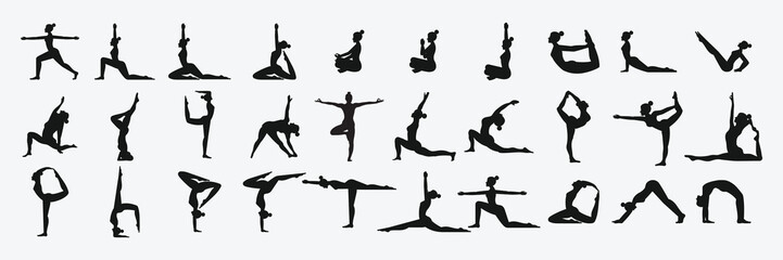 Women silhouettes. Collection of yoga poses.  - obrazy, fototapety, plakaty