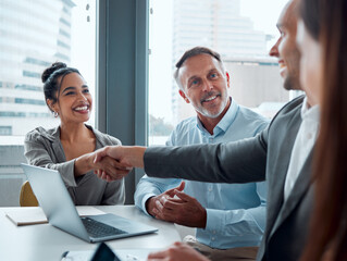 Handshake, business meeting and teamwork collaboration, b2b conversation or hr hiring in modern...