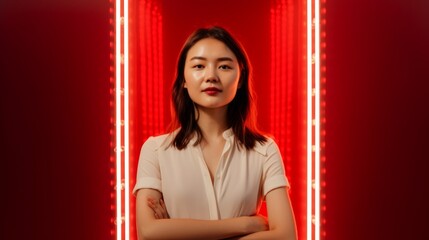 Asian woman doing red light therapy with panel. Generative AI