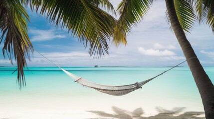 Island holiday vacation on the beach. Hammock relaxation in the sand with palm trees and ocean views.