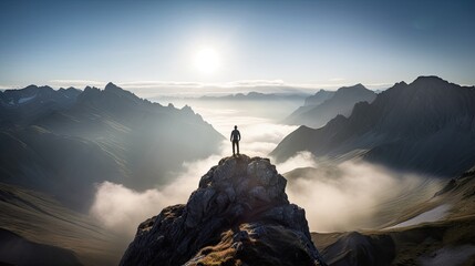 Hiker at the summit of a mountain overlooking a stunning view. Apex silhouette cliffs and valley landscape - obrazy, fototapety, plakaty