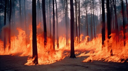 Dangerous forest fire. Burning flames in the woods. Controlled burn. Trees in smoke