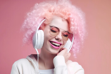 Happy blonde woman with pink hair listens song in headphones. Generative AI illustration