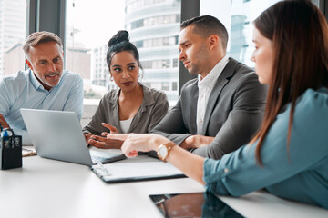 Laptop, business meeting and team discussion for presentation analysis, training and sales...