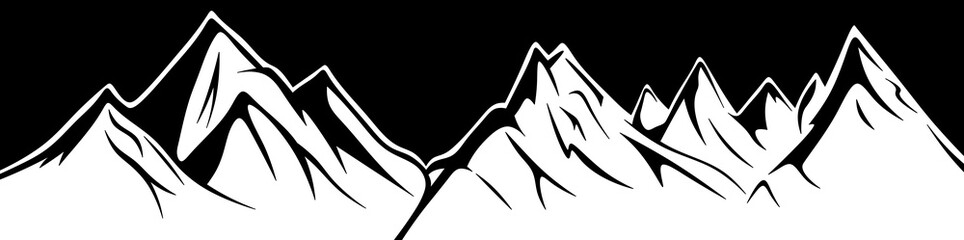 Fototapeta premium White mountains on a black background. Black and white drawn mountain peaks. The concept of hiking in the mountains. Tourism in mountain relief. Rocks.