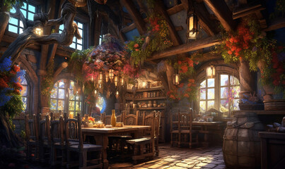 Obraz na płótnie Canvas gemütliche, stimmungsvolle mittelalterliche Fantasy-Taverne. generative KI