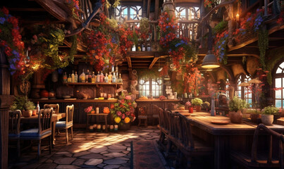 Fototapeta premium gemütliche, stimmungsvolle mittelalterliche Fantasy-Taverne. generative KI