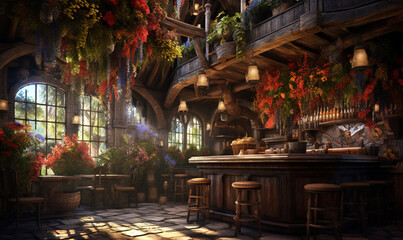 gem&uuml;tliche, stimmungsvolle mittelalterliche Fantasy-Taverne. generative KI