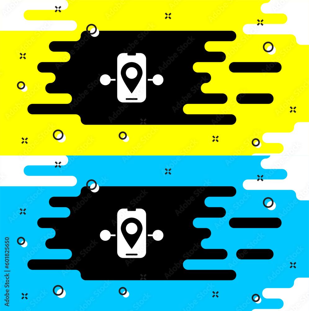 Poster white route location icon isolated on black background. train line path of train road route with sta