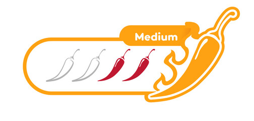 Spicy chili level medium label isolated on background. Pepper sauce with fire flame. Vector Illustration 10 eps