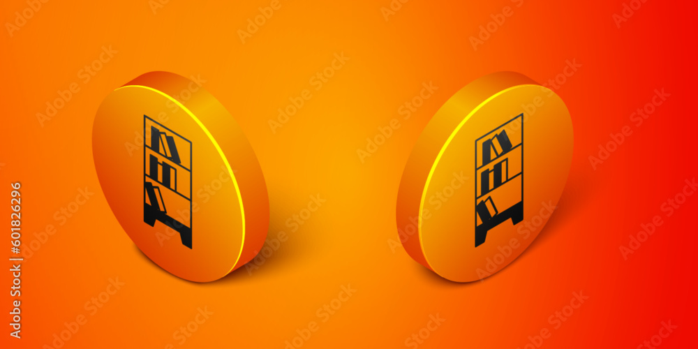 Aufkleber isometric library bookshelf icon isolated on orange background. orange circle button. vector