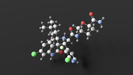 milademetan molecule, molecular structure, ds-3032, ball and stick 3d model, structural chemical formula with colored atoms