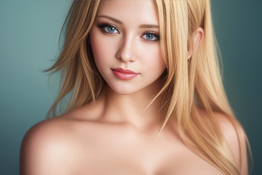 Close up portrait of shiny sweet lady with open shoulders on pastel colorful background. Beautiful sexy woman with blond hair and in attractive shirt poses for a picture. Generative AI