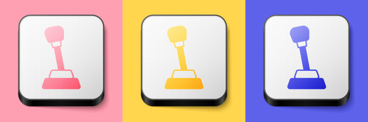Isometric Gear shifter icon isolated on pink, yellow and blue background. Manual transmission icon. Square button. Vector