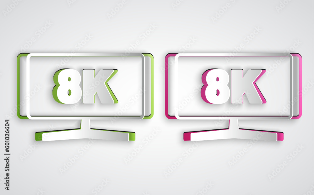 Poster paper cut computer monitor icon isolated on grey background. pc component sign. paper art style. vec