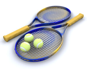 3d render of tennis raquet and balls