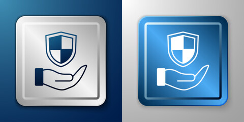 White Shield in hand icon isolated on blue and grey background. Insurance concept. Guard sign. Security, safety, protection, privacy concept. Silver and blue square button. Vector