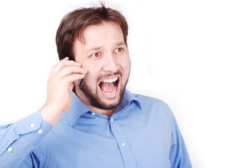 Young attractive man is bawling on his cell phone