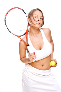 beautiful girl with tennis racket on a white background