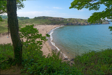 Barafundle Bay, tree lined sandy beach with turquoise waters