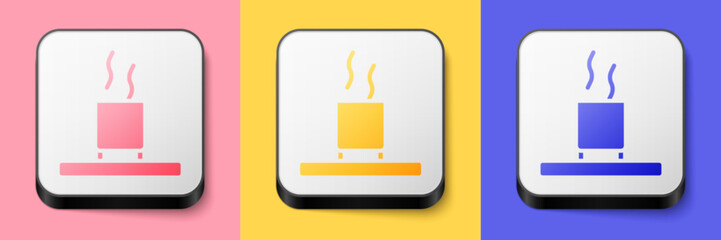 Isometric Cup of tea icon isolated on pink, yellow and blue background. Square button. Vector