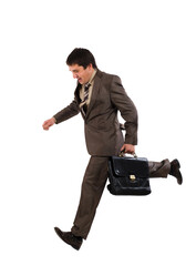 Businessman running with a briefcase isolated over white background