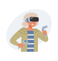 Active elderly. A modern elderly woman actively spends time in virtual reality, modern technologies. Vector illustration