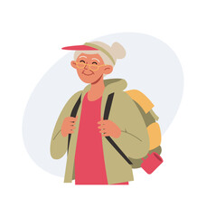 Active elderly. A modern elderly woman actively spends time, goes on a hike, travels. Healthy lifestyle. Self care. Vector illustration