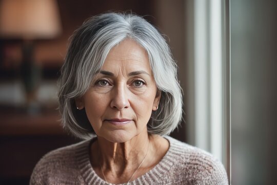 Portrait of the retired grandmother, with long grey hair. Generative AI