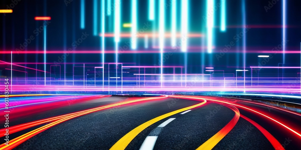 Poster city street with binary code numbers on motion blurred asphalt road, speed and faster digital matrix