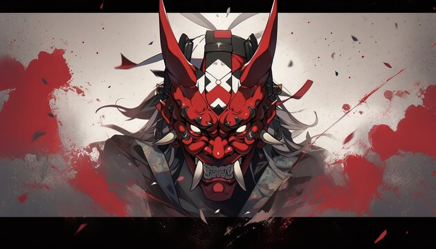 A paint of a traditional japanese demon Oni mask , ai, ai generative, illustration