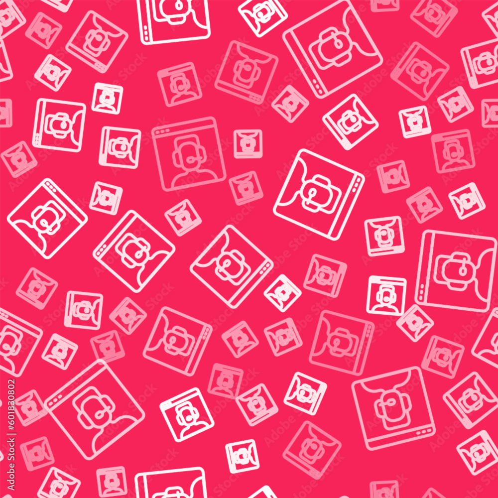 Poster white line telephone 24 hours support icon isolated seamless pattern on red background. all-day cust