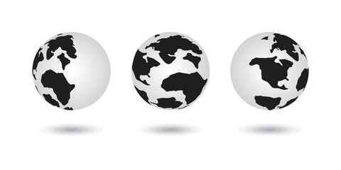 Globe icon. Set of globes with continents on white background with shadow. Vector illustration