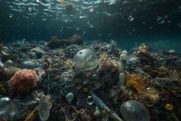 Fototapeta na wymiar Ocean polluted by plastic waste. Generative AI