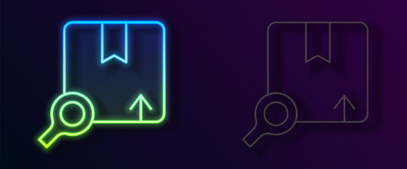 Glowing neon line Search package icon isolated on black background. Parcel tracking symbol. Magnifying glass and cardboard box. Logistic and delivery. Vector