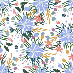 Obraz premium tiny bloom meadow flowers elements branches berry boho garden leafs wedding invitation clipart seamless pattern