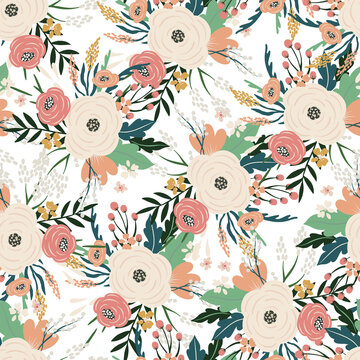 tiny bloom meadow flowers elements branches berry boho garden leafs wedding invitation clipart seamless pattern