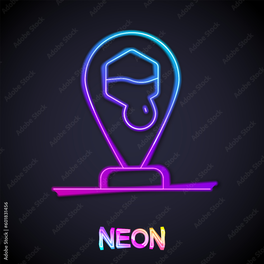 Poster glowing neon line honeycomb bee location map pin pointer icon isolated on black background. farm ani