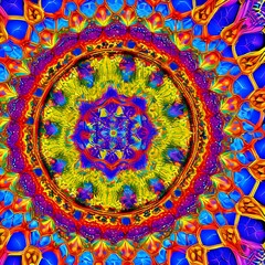 Obraz na płótnie Canvas 97 Kaleidoscope: A mesmerizing and trippy background featuring kaleidoscope patterns in bright and contrasting colors that create a psychedelic and hypnotic atmosphere2, Generative AI