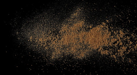Fototapeta na wymiar Tikka masala spice powder mixed, scattered coriander, cumin, garlic, red pepper chili, mint, black pepper and ginger isolated on black