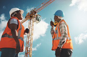 Walkie talkie, crane and engineering team at construction site for building project and teamwork....
