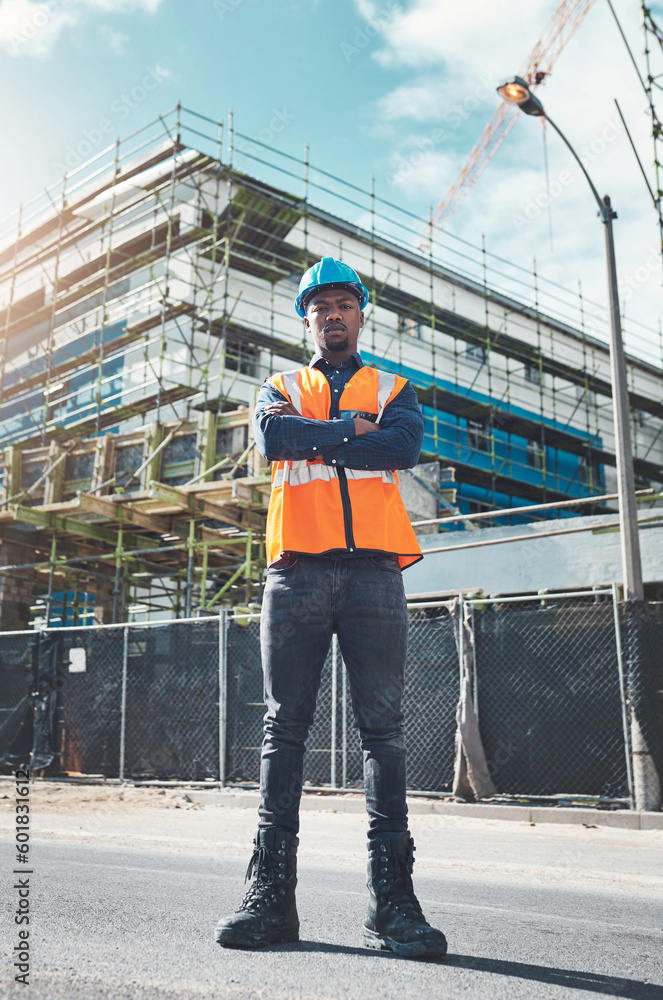 Poster construction, engineer man and portrait at building project for development and architecture. black 