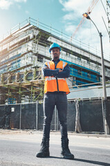 Construction, engineer man and portrait at building project for development and architecture. Black male contractor serious about project management, engineering and inspection outdoor in city