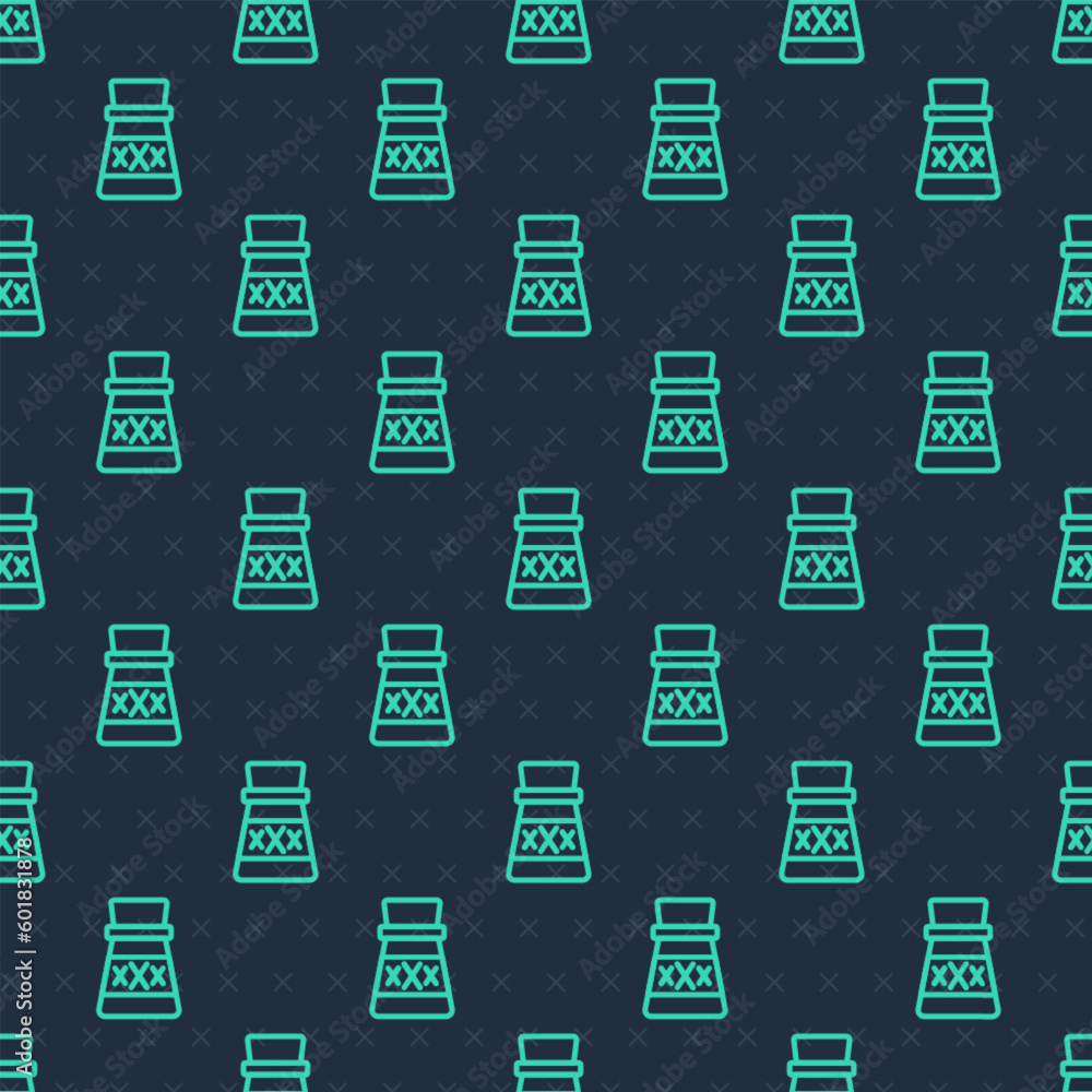 Poster green line bottle with potion icon isolated seamless pattern on blue background. flask with magic po