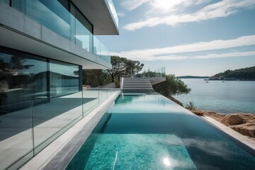 Obraz premium large swimming pool in an oceanfront apartment with ocean view ai generated 