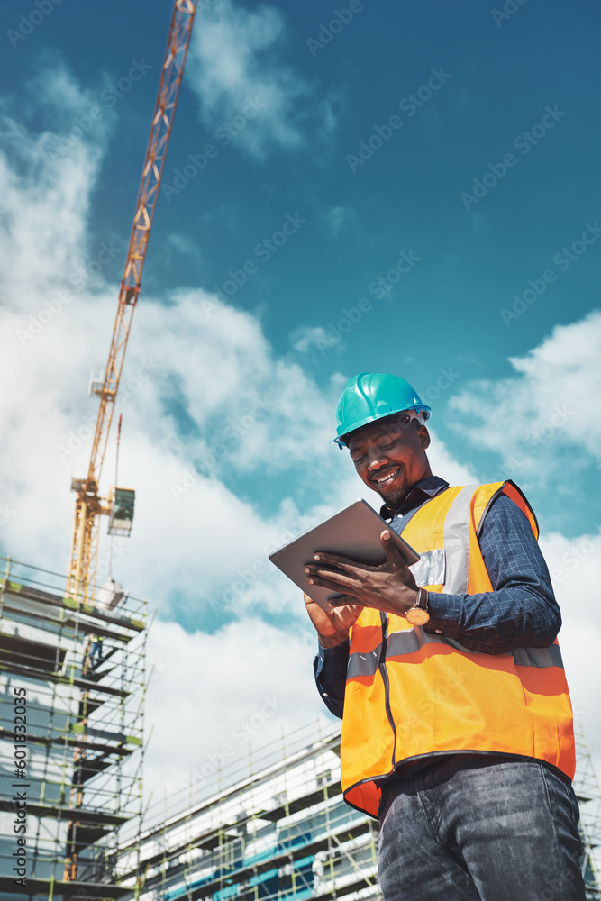 Poster Engineer man, construction and a tablet for project management, development and architecture. Happy African male contractor with mobile app for engineering and safety inspection or planning outdoor