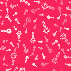 White line Medieval chained mace ball icon isolated seamless pattern on red background. Morgenstern medieval weapon or mace with spikes. Vector