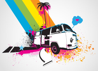 Vector illustration of style Decorative urban background with funny retro bus © Designpics