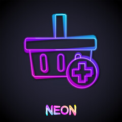 Glowing neon line Add to Shopping basket icon isolated on black background. Online buying concept. Delivery service. Supermarket basket symbol. Vector