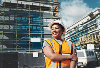 Engineer, construction and a black woman thinking outdoor at building site for development and...